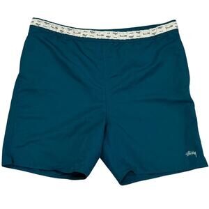 Stussy Teal Nylon Water Shorts Logo Waistband Drawstring Men’s Medium